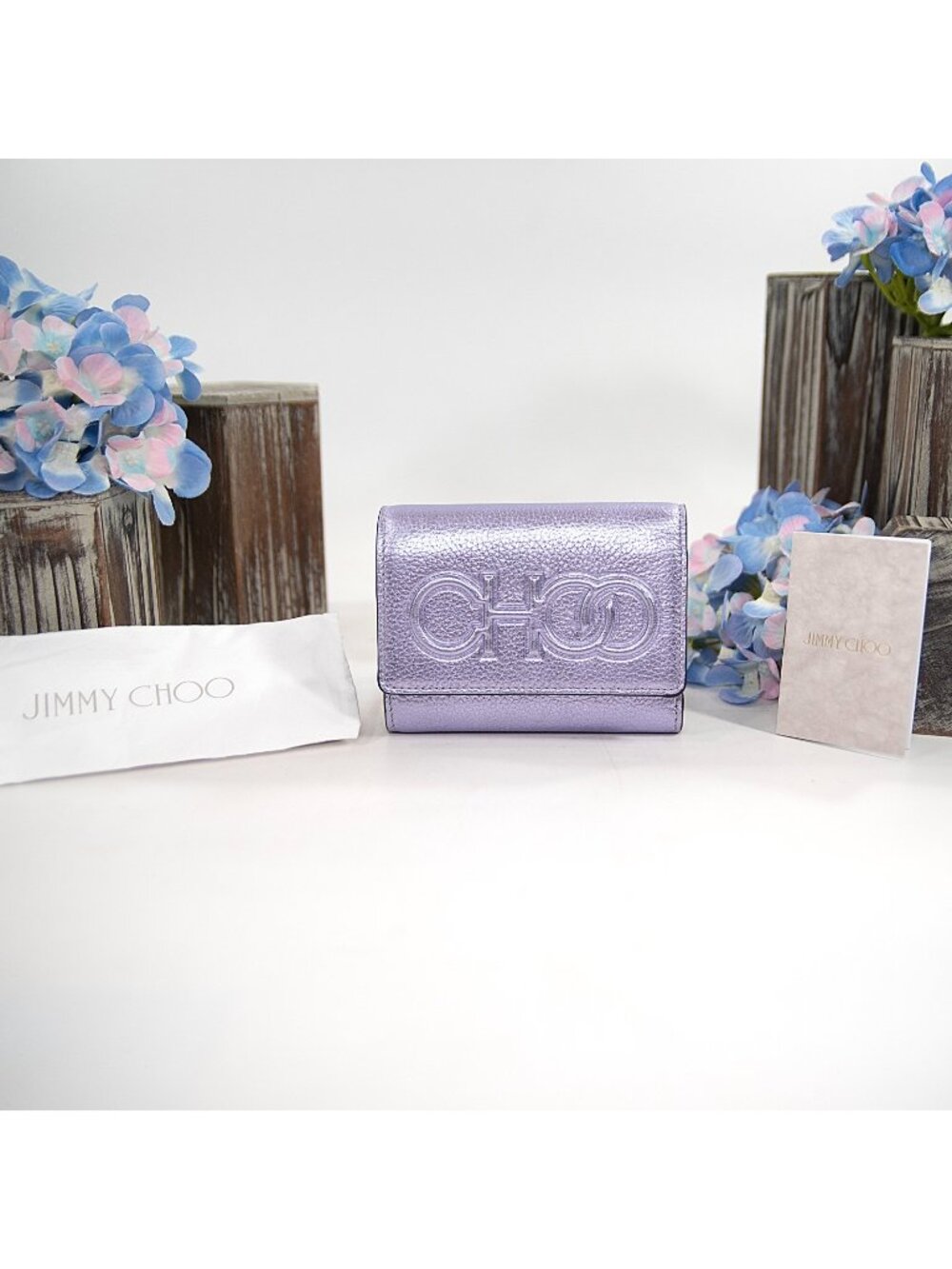 Jimmy Choo Lavender Purple Metallic Leather Trifold Compact Wallet NWT